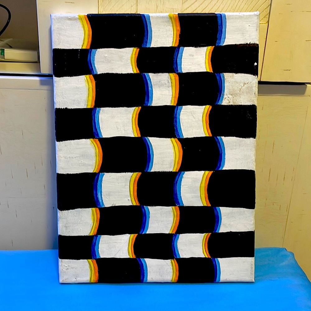 Illusion painting on canvas. Colors:orange,yellow,blue,black and white - Picture 1 of 2